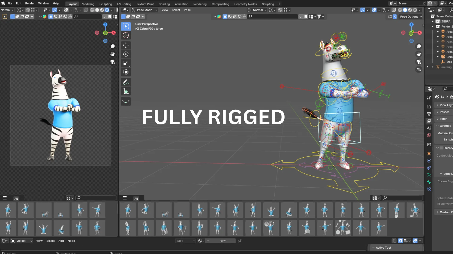 Fully rigged stylized zebra mascot 3D character in Blender with rig controls
